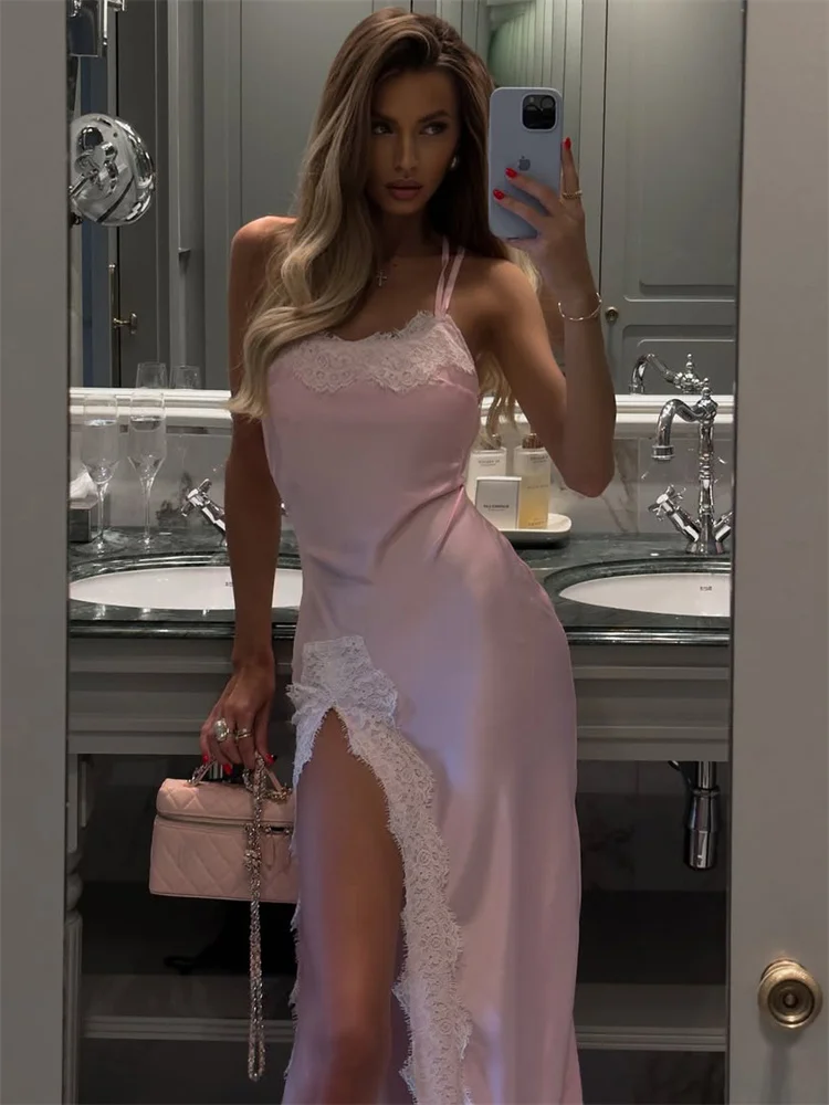 Tossy Kant Elegante Patchwork Lange Jurk Voor Vrouwen Backless Lace-Up Satijn Slanke Feestjurk Avond Vrouwelijke Bandage Maxi Jurk 2025