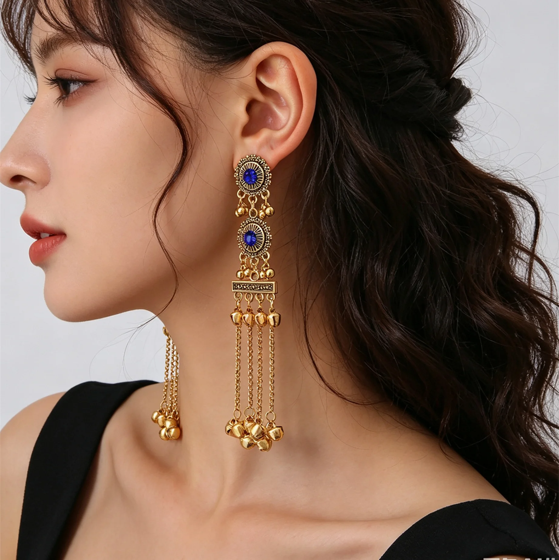 Vintage Women Sunflower Imitation Rhinestone Jhumka Earrings Multi Layer Chain Tassel Bohemian Ethnic Style Drop Ear Jewelry