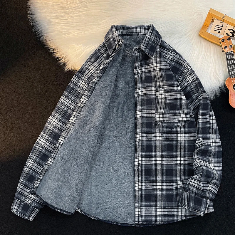 

Autumn Winter Plaid Long Sve Men's irt Fce Lined Casual Loose Thiened Retro Trendy Hong Kong Sle Casual irt