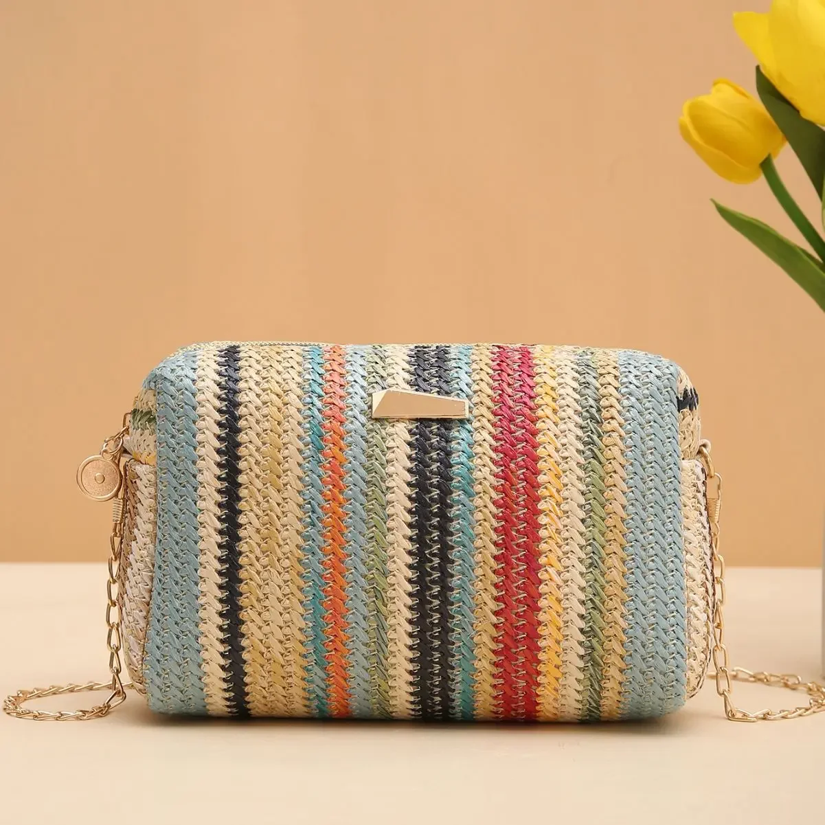 Handbag Rainbow Straw Bag Woven Camera Bag Versatile Girls Messenger Bag