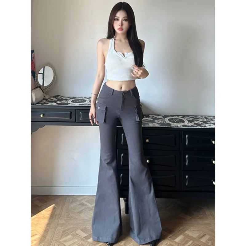 Office Ladies High Waist Hip Slightly Flared Pants Autumn and Winter New Casual Women's Gray Side Pocket Tooling Flare Trousers