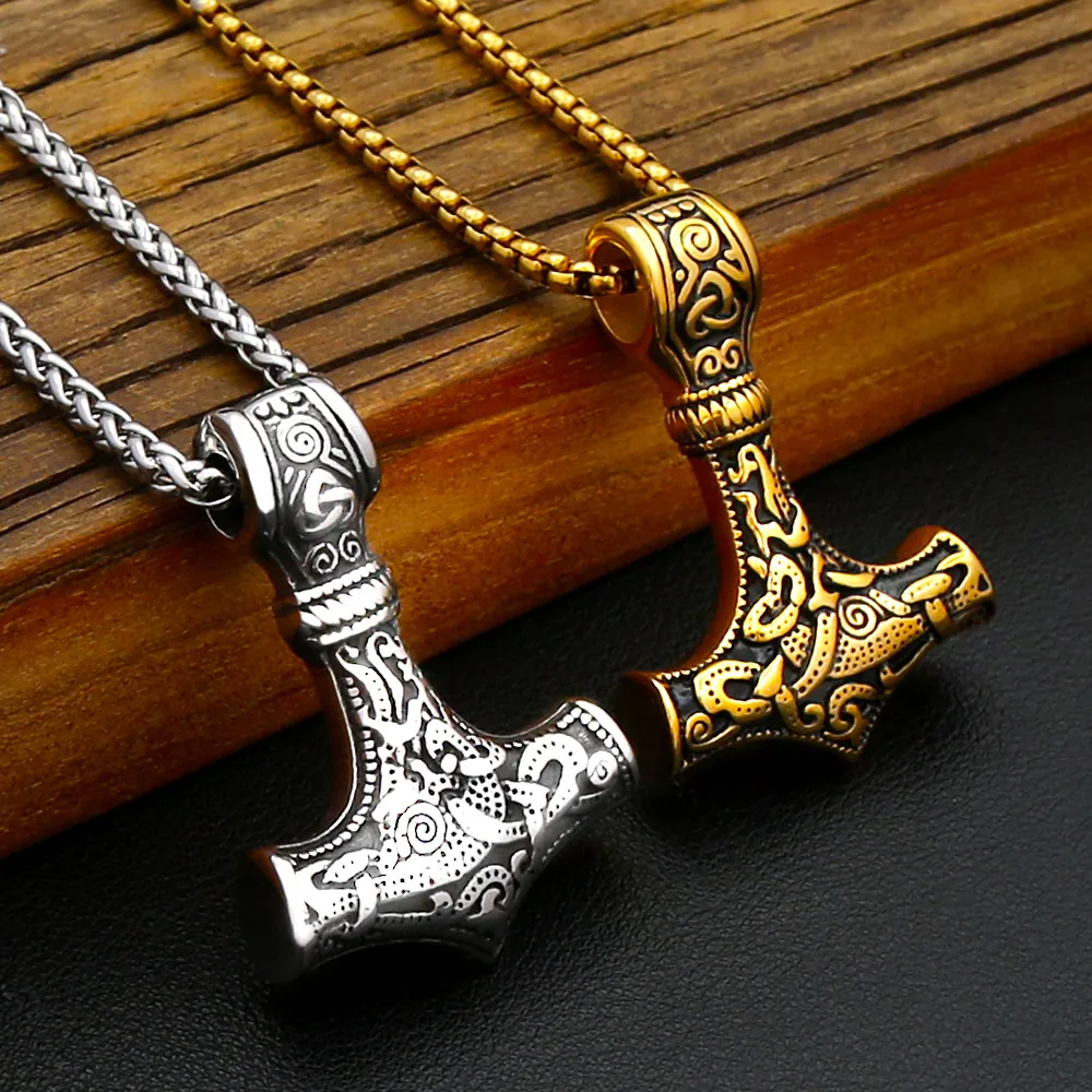 Vintage Thor Hammer Pendant Necklace For Men Women Stainless Steel Norse Viking Celtic Amulet Fashion Charm Jewelry Gifts