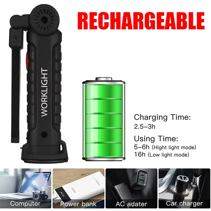 New Portable COB LED Flashlight USB C Rechargeable Work Light Magnetic Lantern Hanging Lamp with Built-in Battery Camping Torch