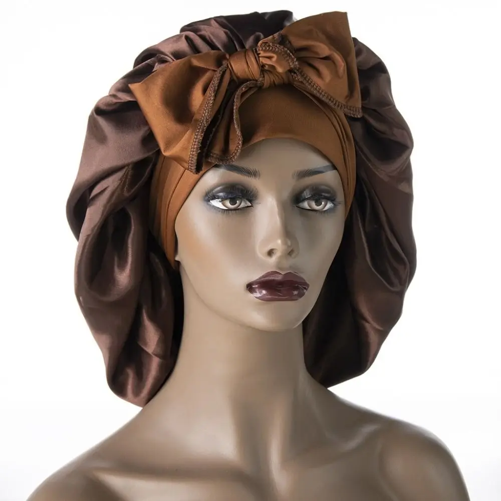 New Solid color Large Satin Bonnet With Head Tie Band Edge Wrap Sleep Hat Hair Care Night Sleeping Cap for Women