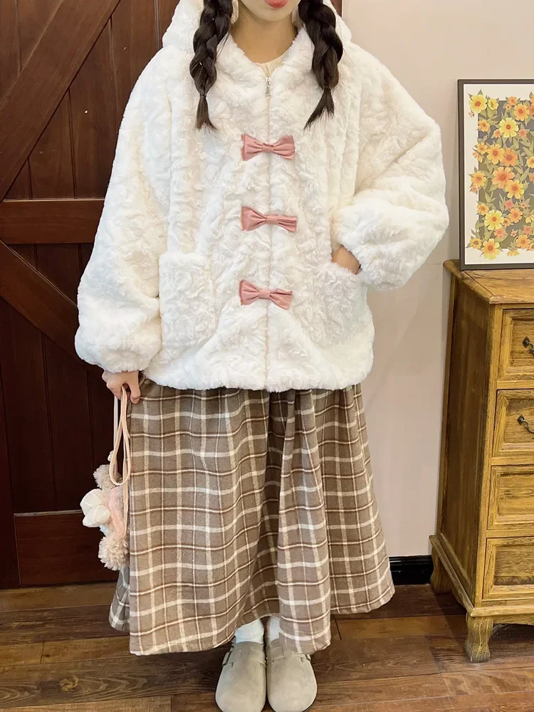 Cappotto di peluche con fiocco rosa dolce e carino giapponese femminile autunno inverno caldo addensato sciolto cappotto di pelliccia sintetica Kawaii capispalla per studenti