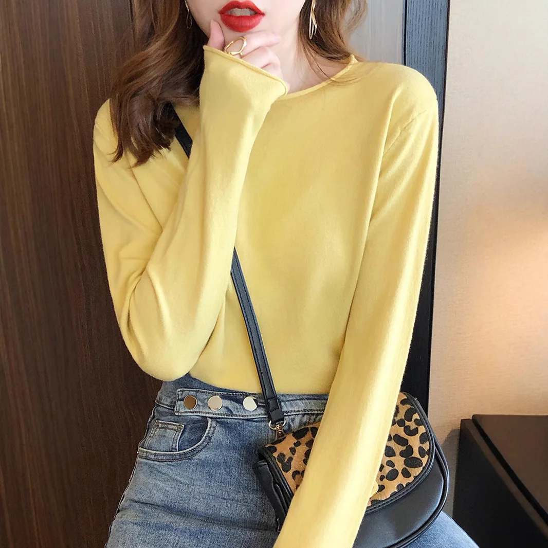 

Осенний женский свитер, свободный крой, элитный стиль, новый вязаный топ, розовый длинный рукав, тонкий базовый слой