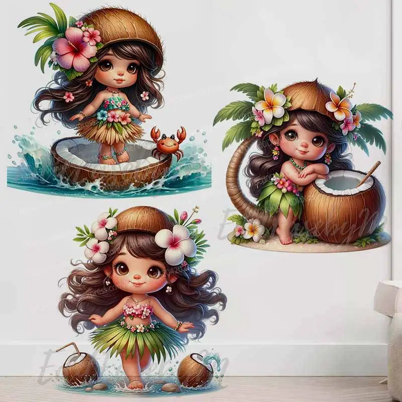 Tropical Coconut Palm Wall Stickers for Girls Cute Children's Bedroom Background Decor Self-Adhesive Wallpaper A457
