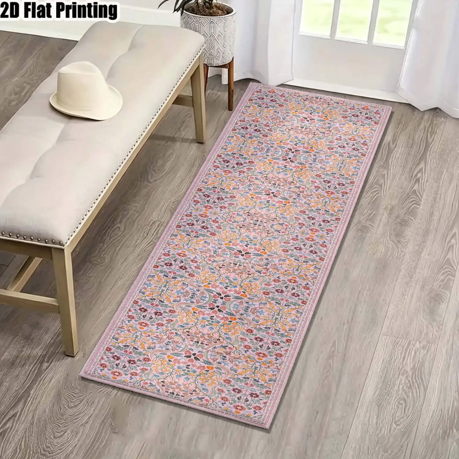 1Pc 2D Printed Strip Runner Rug with Pink Yellow Flower Patterns Nordic, Instagram-Inspired, Modern Minimalist, European Geometric Striped Style, Machine Washable, Suitable for Entryway, Hallway, Living Room, Bedroom Home Decor.