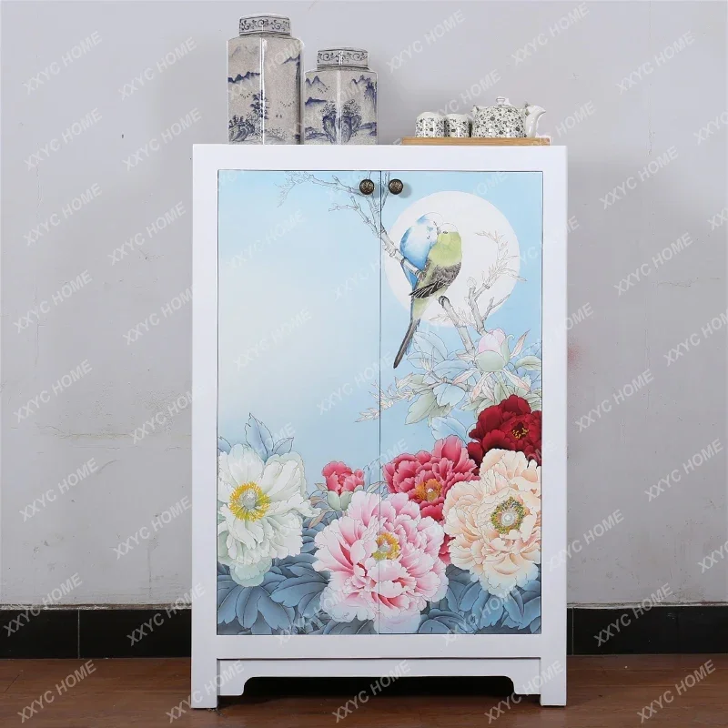 Solid Wood Shoe Cabinet Painted Lacquer Hand Painted Retro Porch Simple Double Door Decorative Storage