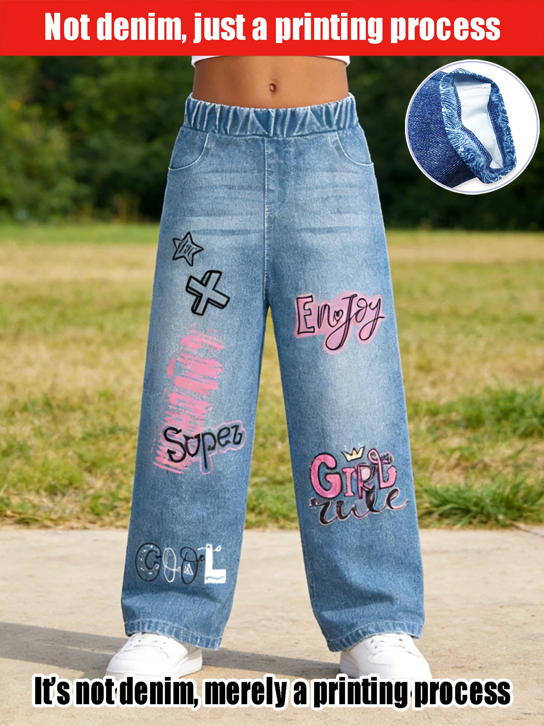 

Детские светло-голубые брюки-кюлоты из имитации денима 2026 года, украшенные милыми и стильными узорами из английских букв