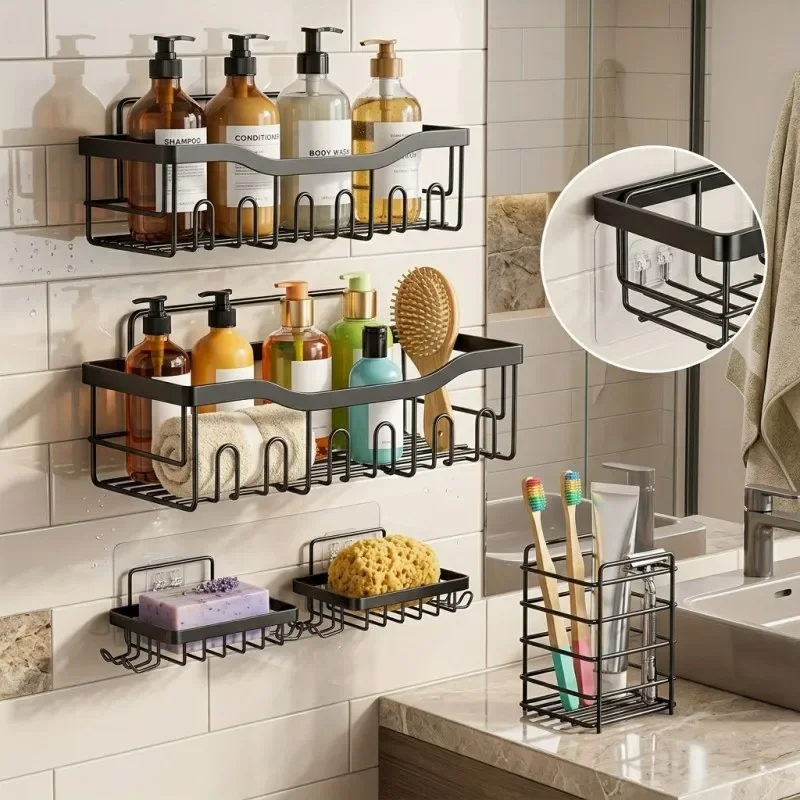 

No Drilling Adhesive Shower Caddy, Bathroom Organizer with Hooks & Toothbrush Holder, Wall Mounted Rack for Bathroom Kitchen