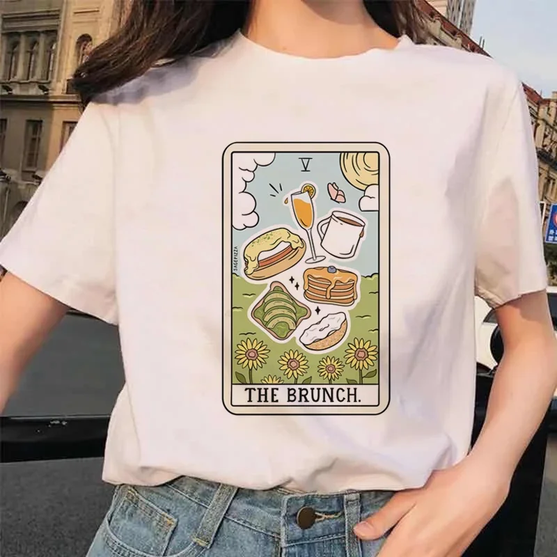 Tarot Card Flower Funny Time Ladies Cartoon Fashion Short Sleeve Summer Printed Women's Vintage Casual T-shirt