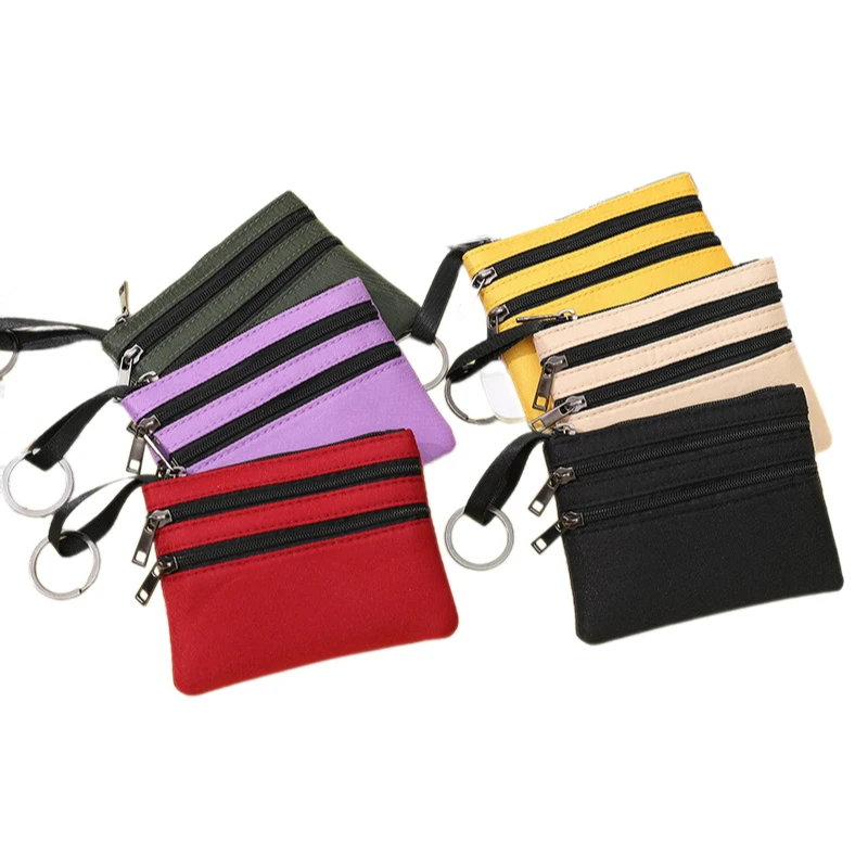 

3 Zippers Solid Change Purses With Keychain Canvas Coin Purse Women's Mini Wallet Money Bags Coin Key Storage Bag Card Holder