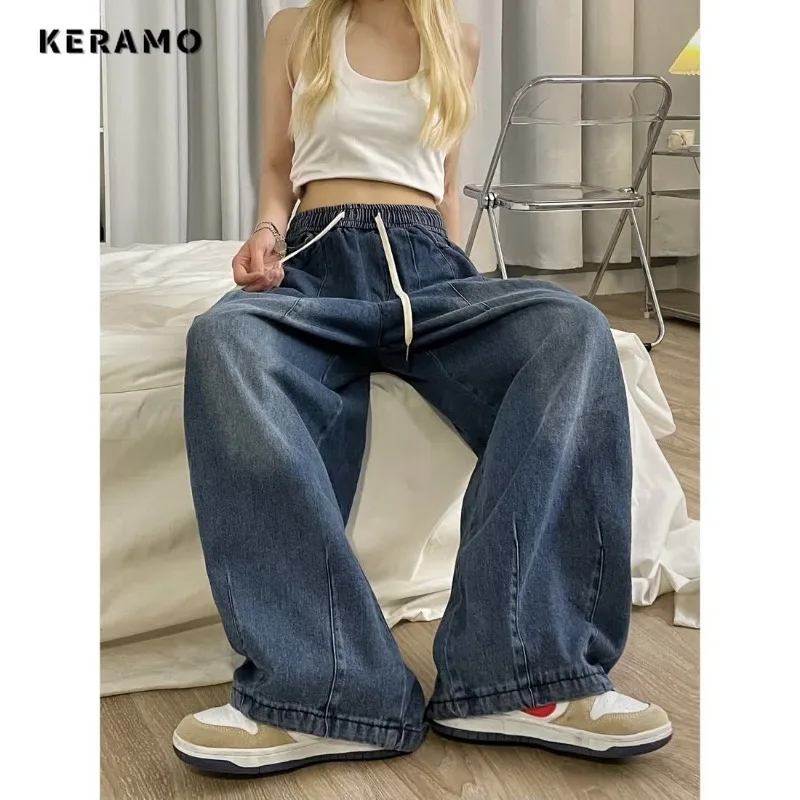 

Harajuku Vintage Drawstring Streetwear Style Loose Jeans Pants 2023 Autumn Summer Women's Y2K Wide Leg Baggy Denim Trouser