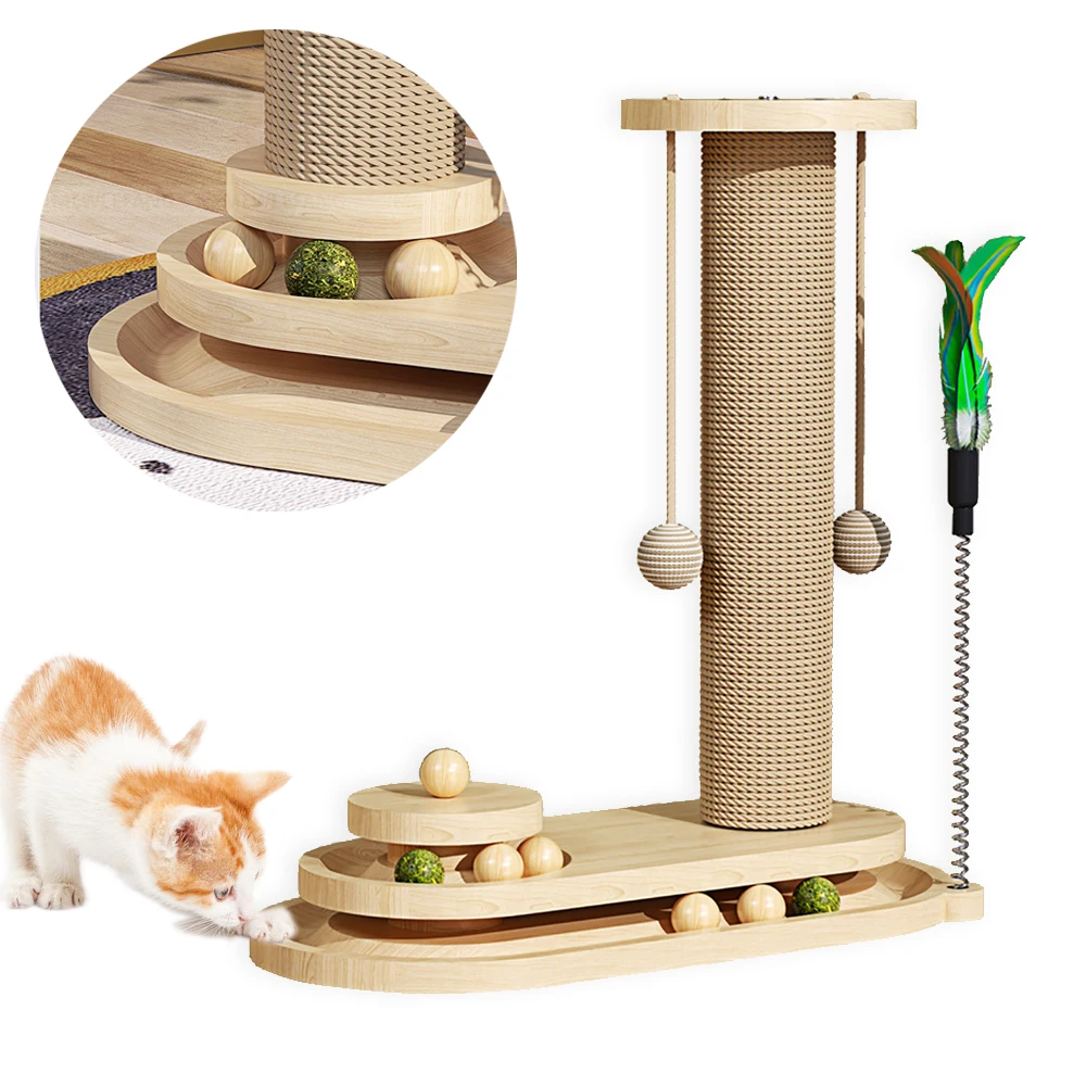 

Solid Wood Cat Scratch Cat Toys Sisal Pet Climbing Frame Non-formaldehyde Turntable W/ Ball Pet Scratcher Durable Without Crumbs