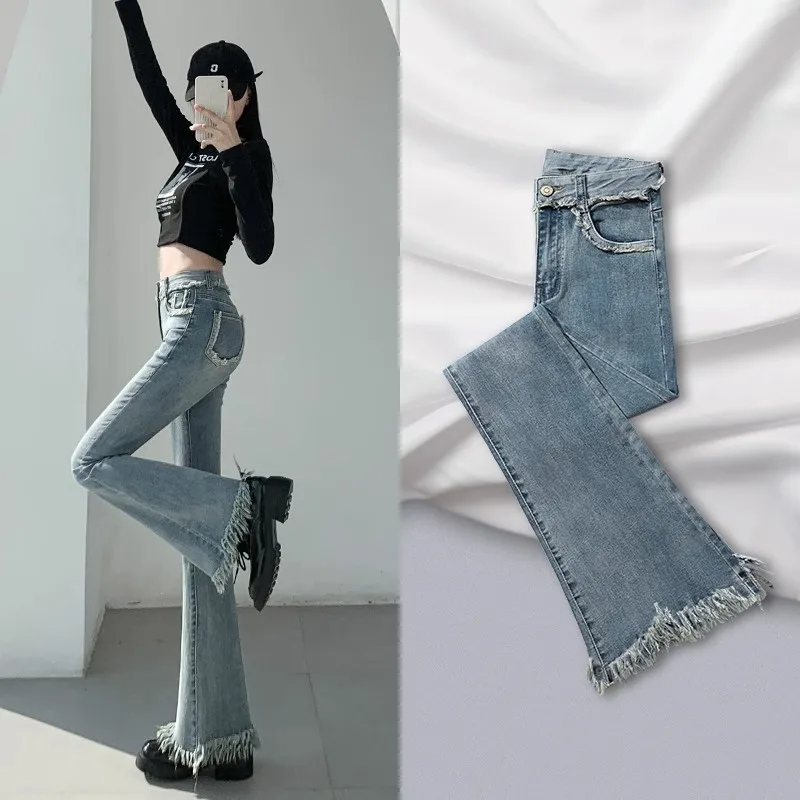 

Женские весенне-летние утягивающие джинсы с кисточками длиной до пола, расклешенные джинсы с микро-расклешенными джинсами, элегантные джинсы-клеш с высокой талией