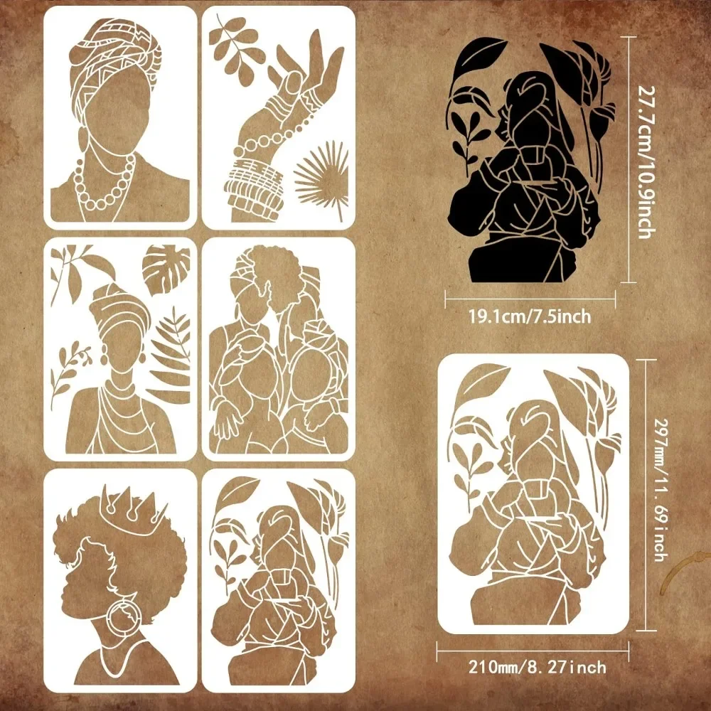 6PCS African Tribal Women Stencil 11.7x8.3 pollici Plastic Tropical Plant Craft Stencil grandi modelli di Stencil per ragazze africane