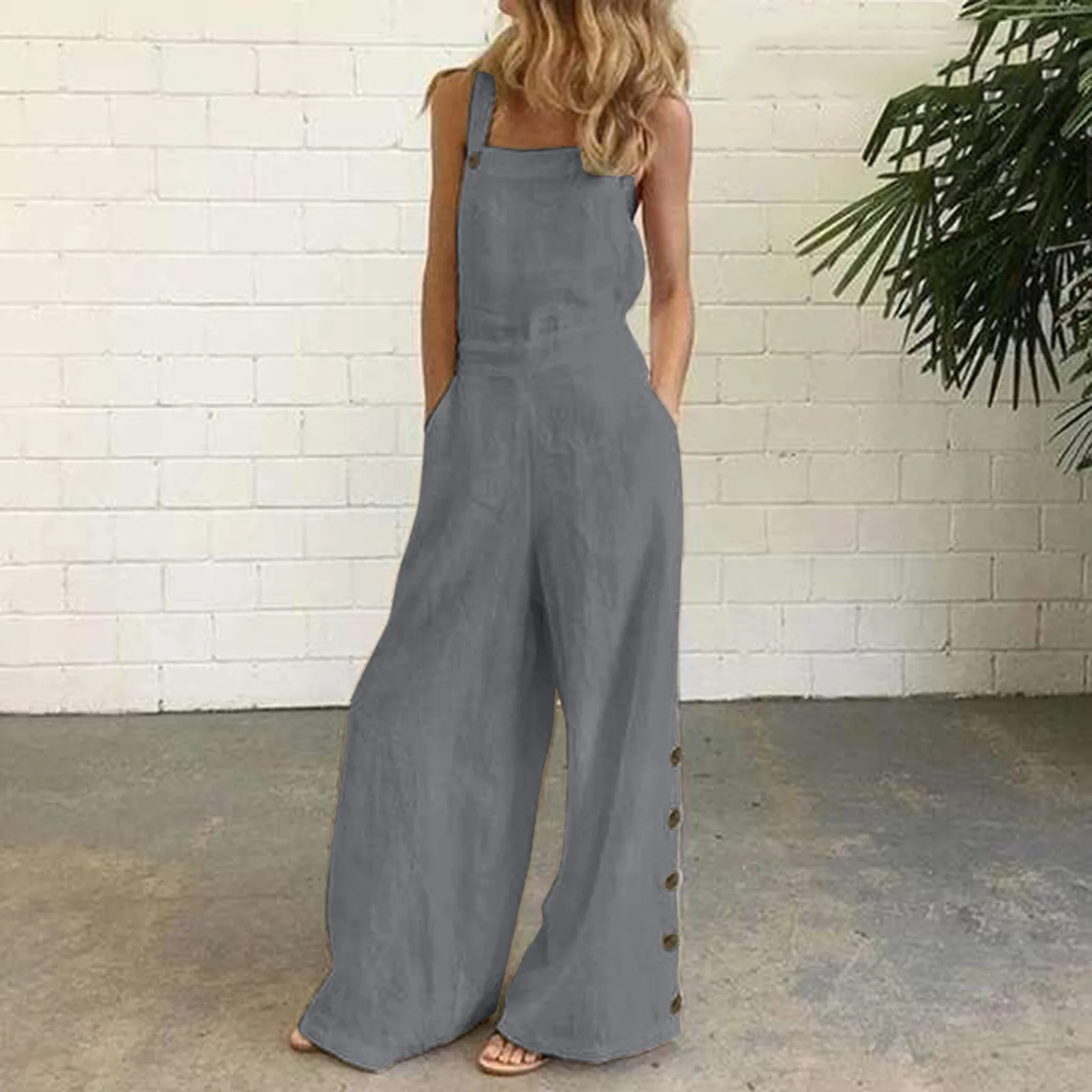 

Women's Summer Sleeveless Twisted Knot Cotton Linen Strappy Pants Side Button Openings Loose Long Wide Leg Pants Women Jumpsuits