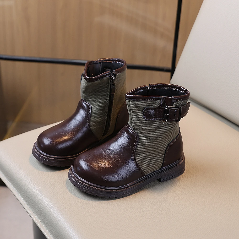 COMFY KIDS Kids Ankle Boots Boys Girls Glossy PU And Canvas Spliced Side Zipper Buckle Strap Chunky Sole Casual Short Boots