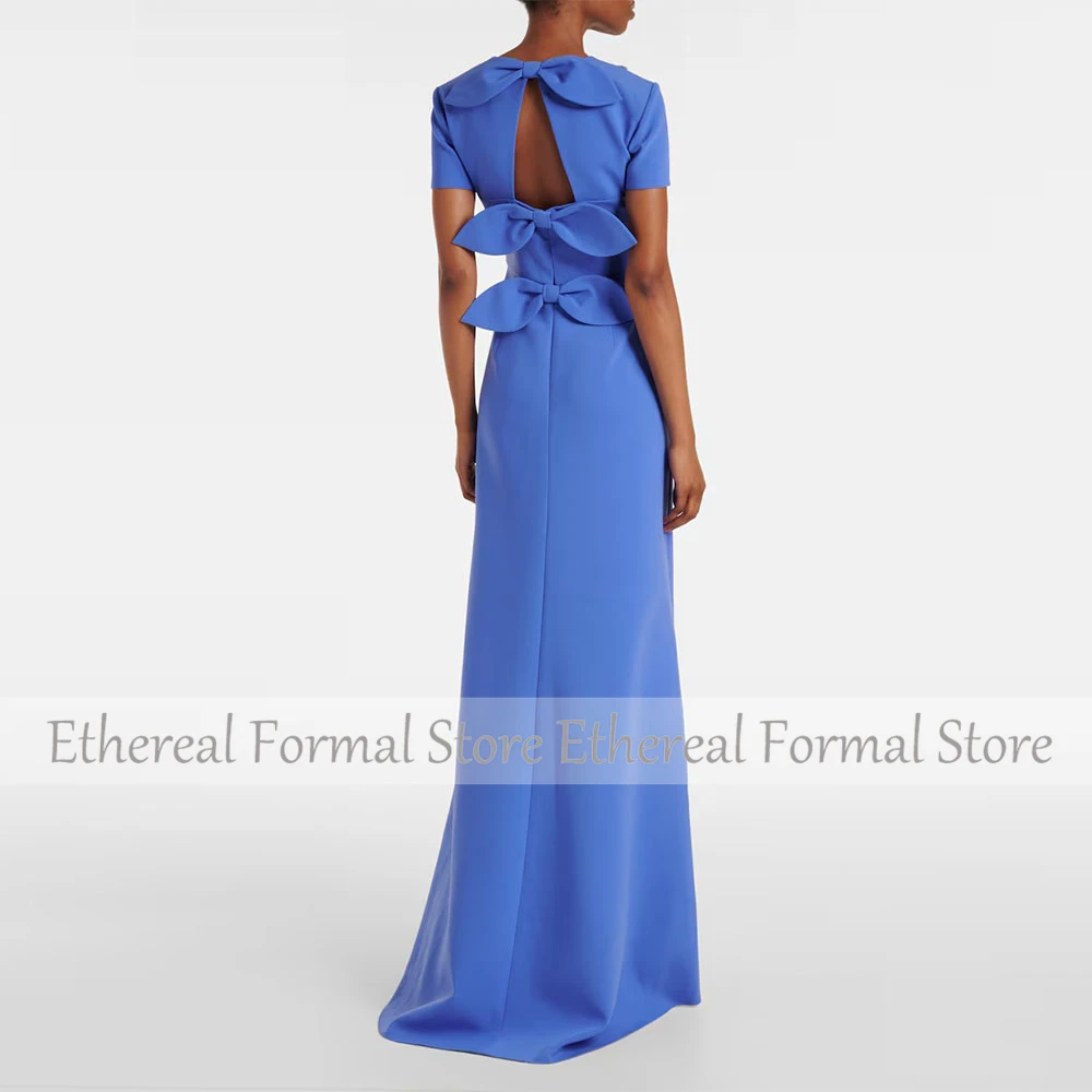 Modern Blue Women's Evening Gown Mermaid Floor Length Formal Party Dress O Neck Appliques Saudi Dress Short Sleevels Prom Dress image 4