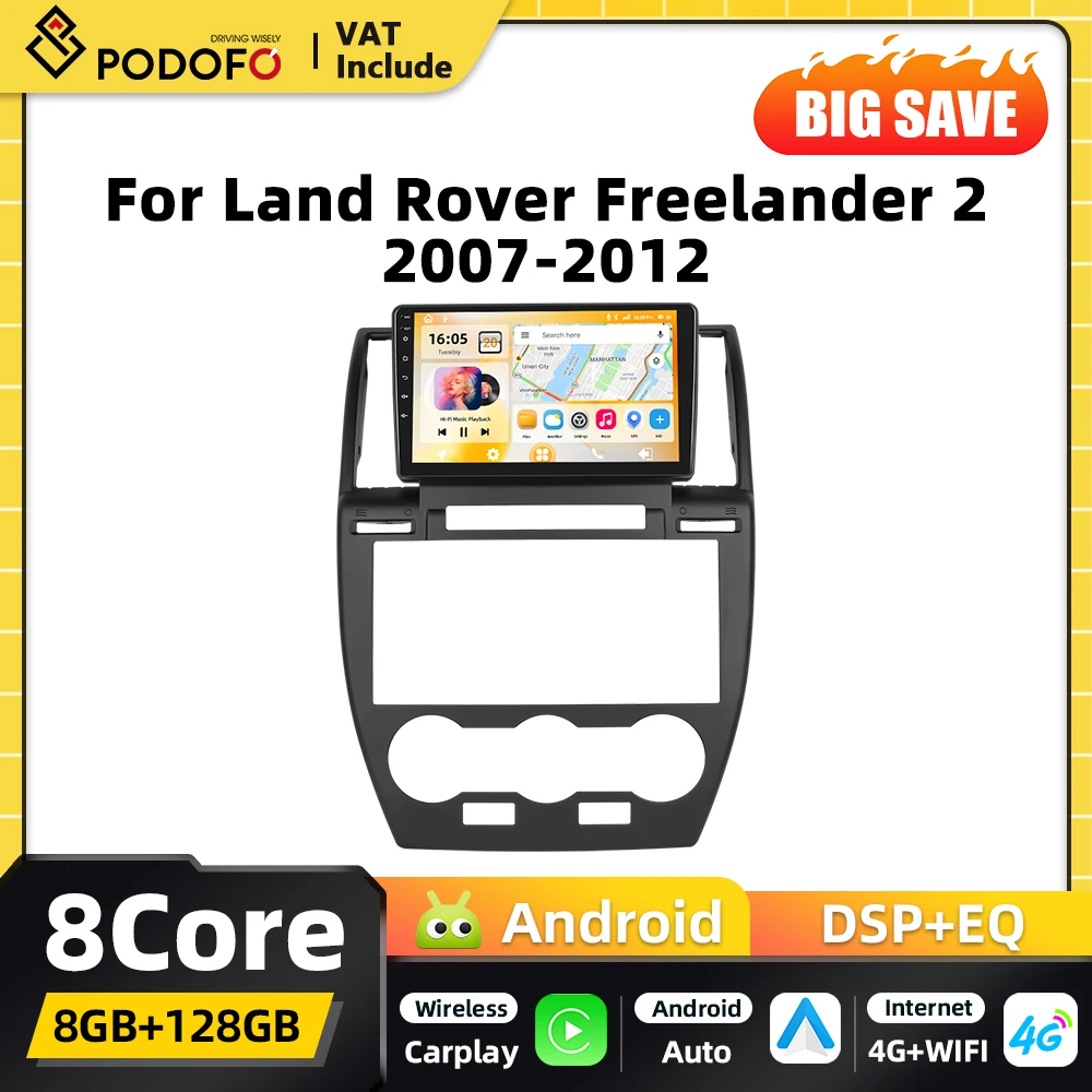 Autoradio Android Podofo Qualcomm 8Core 2din per Land Rover Freelander 2 2007-2012, Navigazione GPS, Carplay, Android Auto, BT