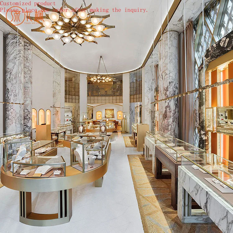 

Retail Shop Gold Jewellery Shop Interior Design Creative Fashion LED Lighting Glass Jewelry Showcase