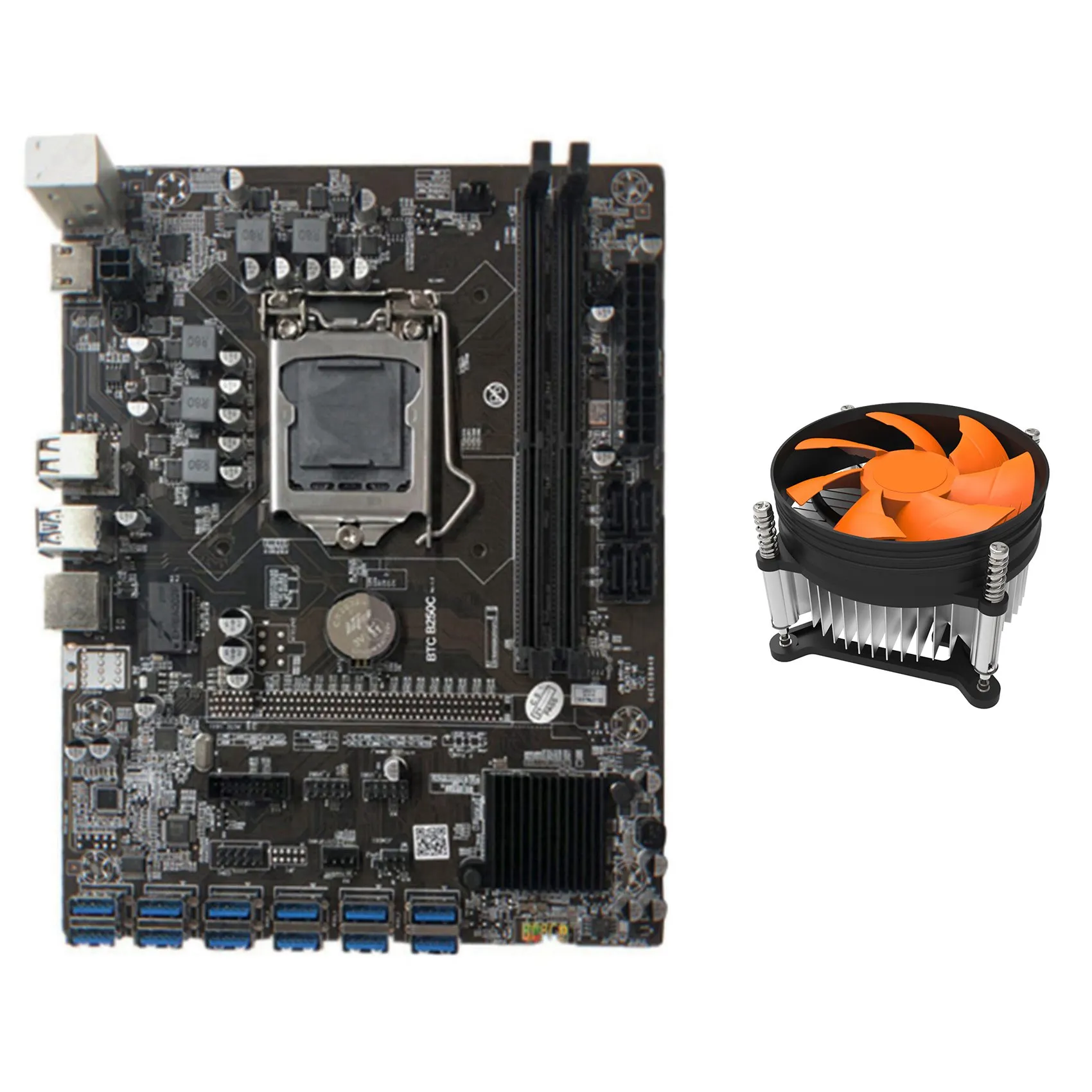 

BTC B250C Mining Motherboard with CPU Cooling Fan 12 PCIE to USB3.0 Graphics Card Slot LGA1151 Supports DDR4 for BTC