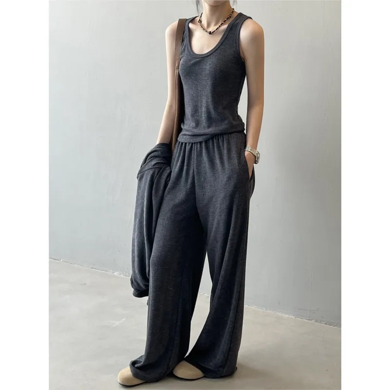 مجموعة جوهنيتشر كسول غير رسمية مكونة من ثلاث قطع سترة نسائية طويلة جديدة مع حمالة بنطال واسع الساق تحت مجموعات نسائية غير رسمية