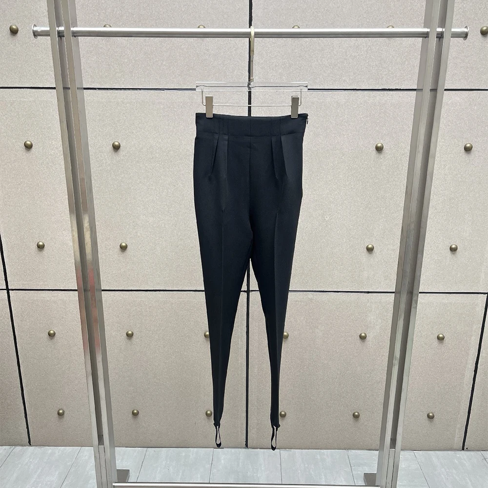 Women High Waist Suit Pants Elastic Waist Pleated Front Stirrup Trousers Slim Fit Office Business Ladies Foot Loop Dress Pants