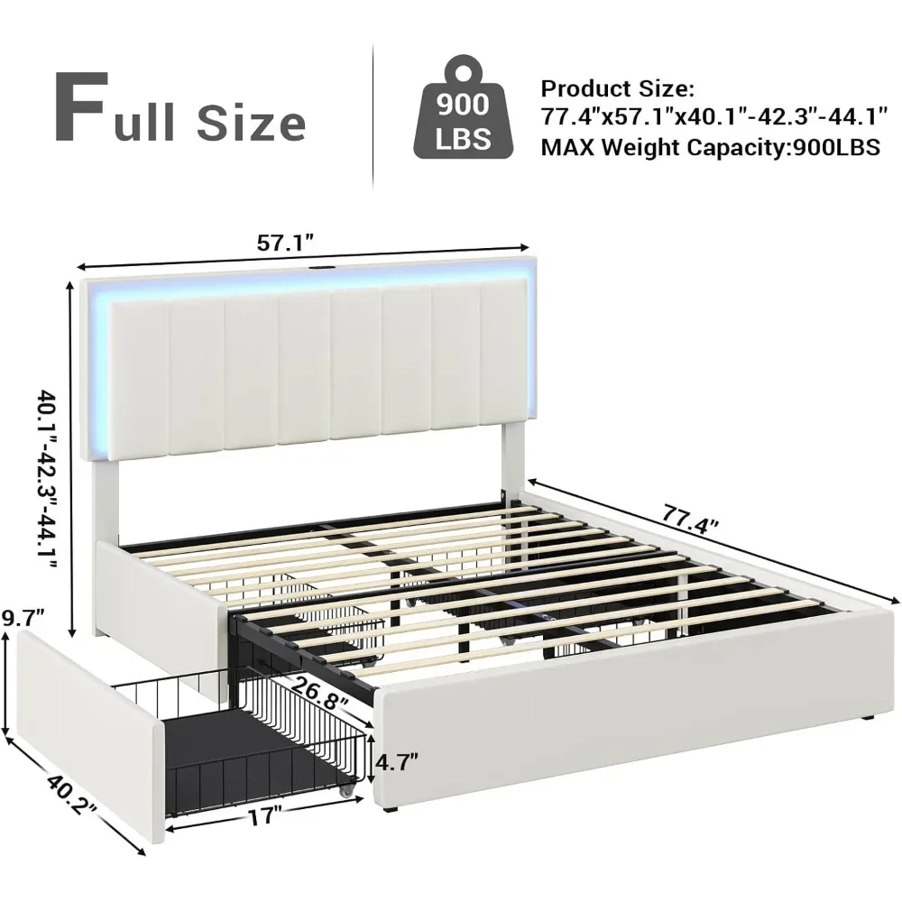 Cama rupholstered couro artificial com gavetas do armazenamento, luz conduzida, plataforma completa do tamanho, cama com estação de carregamento