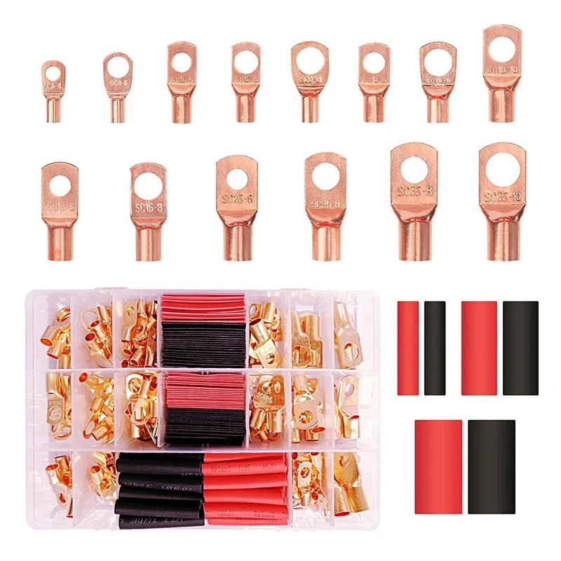 280PCS Copper Wire Lugs Accessories [AWG2 4 6 8 10], 78Pcs Battery Terminal Connectors With 92Pcs Heat Shrink Tubing