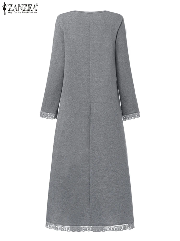 2025 ZANZEA femmes automne à manches longues chaud polaire Robe d'été hiver sweat Robe col rond dentelle Patchwork Maxi robes Robe Femme