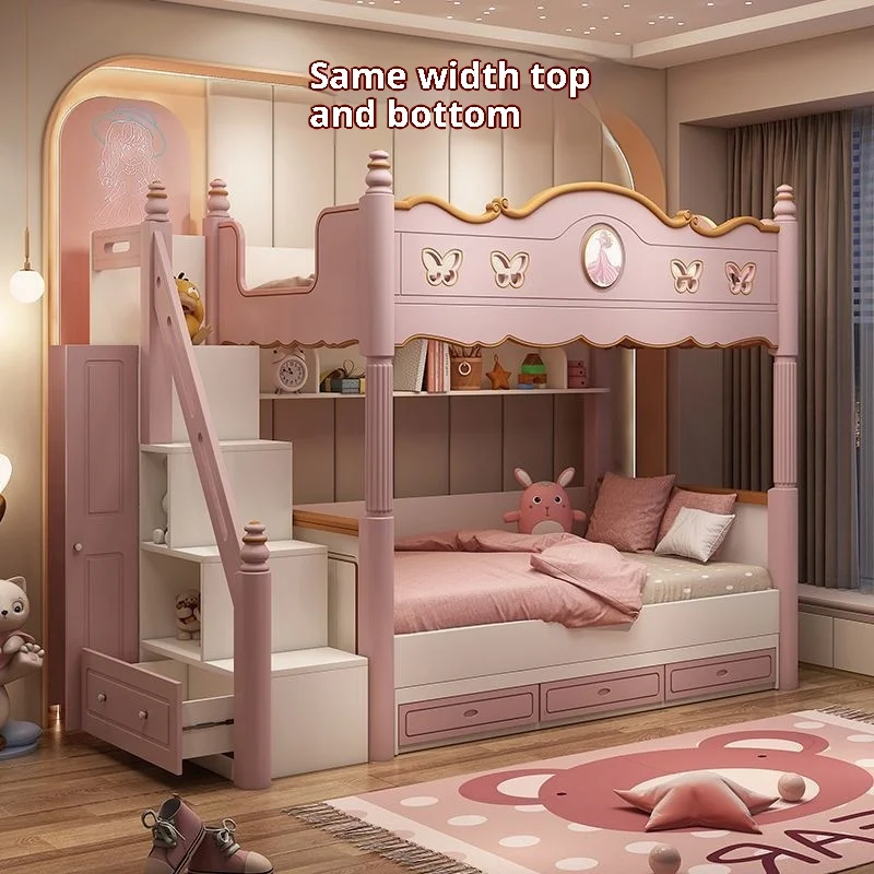 Cute Children's Wood Princess Bucking Two-Layer High Guardrail Slide Elevated Bed for Girls Living Room Modern Design