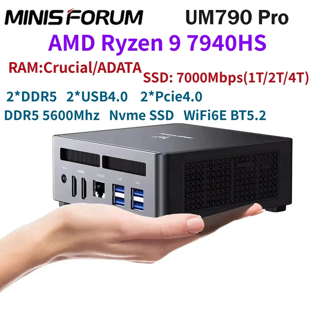 MINISFORUM UM790 Pro Ryzen 9 7940HS Mini PC WiFi6E BT5.2 USB4.0 Wins11 Pro DDR5 32GB 1TB NVME SSD Desktop Gaming MINI Computer