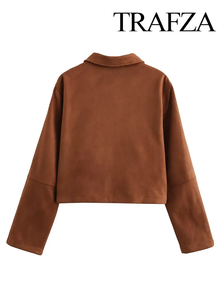 TRAFZA-abrigo de otoño 2024 para mujer, cárdigan corto holgado con solapa marrón, Tops para mujer, abrigo Vintage para mujer, Top a la moda