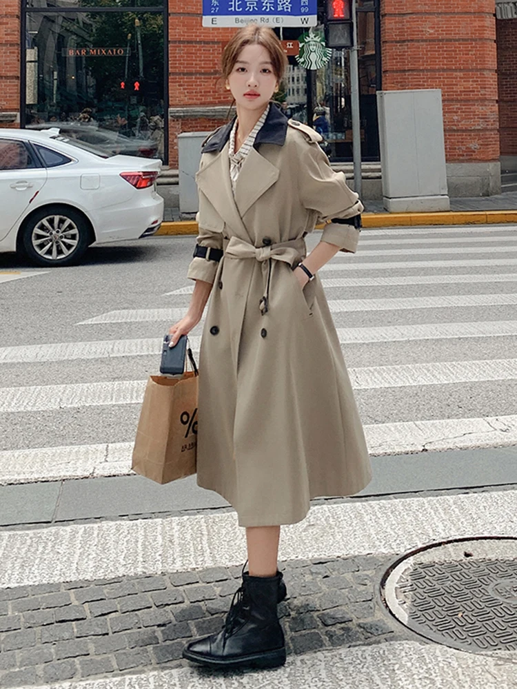 LANMREM Color Block Trench Coat For Women Lapel Double Breasted Fashion Windbreaker Female Streetwear Coat 2024 Autumn 2DA3945