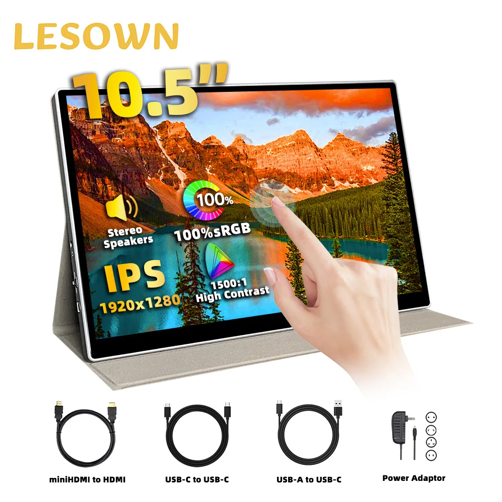 LESOWN Small Monitor 10.5 inch 100%sRGB Touchscreen USB C 1920x1280 IPS LCD Screen HDMI External Display for Drawing PC Laptop