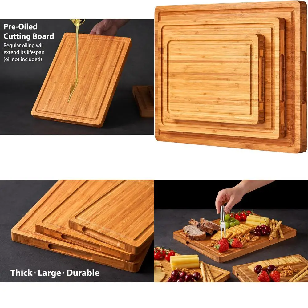 

Набор из 3-х толстых бамбуковых разделочных досок - большие, карбонизированные, для использования на кухне, идеально подходят для мяса, овощей и подачи закусок.