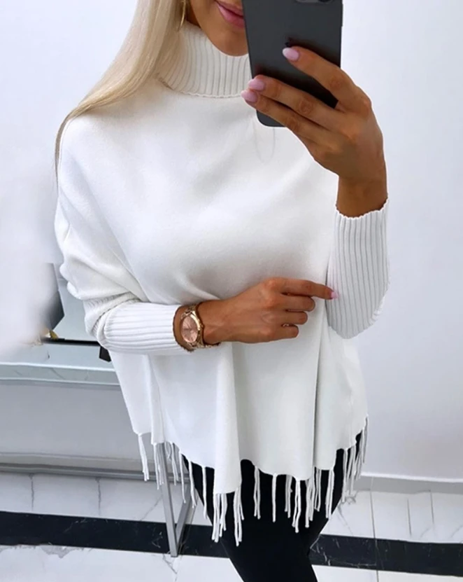 Spot Women's New Fashion 2023 Hot Selling High Collar Long Sleeve Tassel Design Knitted Sweater Warm and Loose Pullover