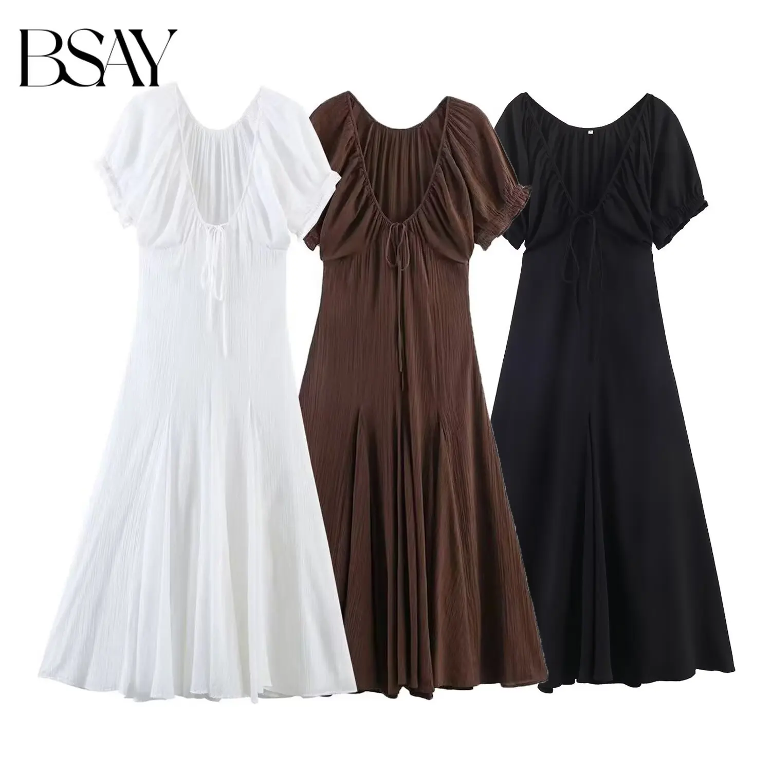 BSAY Damenkleid 2026 Neue Mode Braunes Puffärmel-Midikleid Französisch Elegant Langes Weißes Schickes Sommer-Strandkleid für den Urlaub