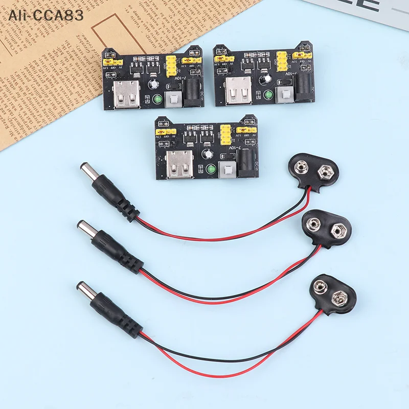 3Pcs/1Pc 2025 3.3V 5V MB102 Solderless Breadboard Power Supply Module 9V Battery Clip Power Cable 2.1x 5.5mm Male DC Jack Plug