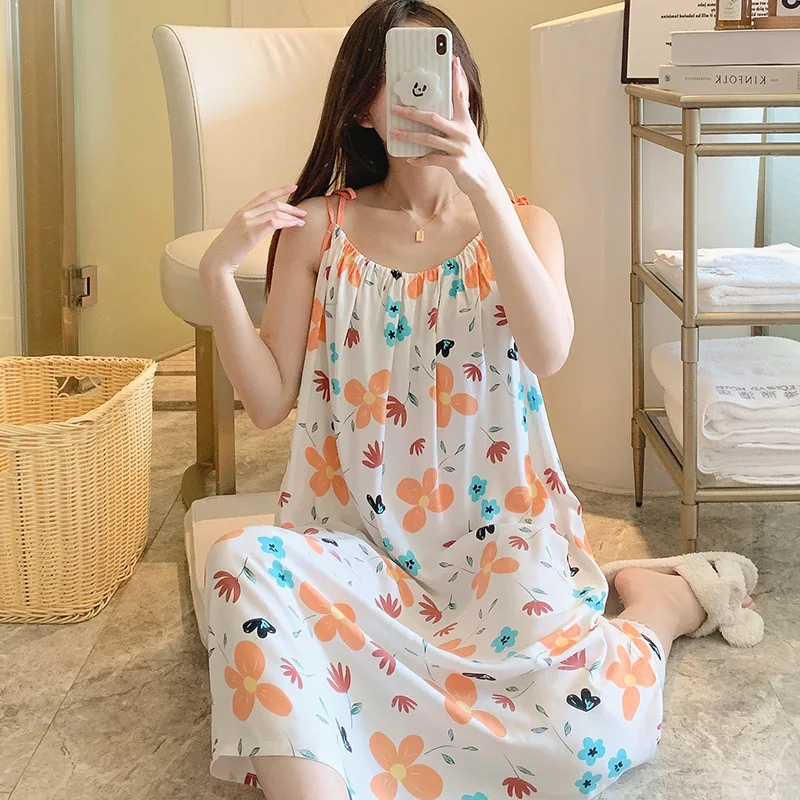 Schoolgirl Nightdress Cotton Silk Sling Outerwear Dress thin Night Gown Women Summer Dress