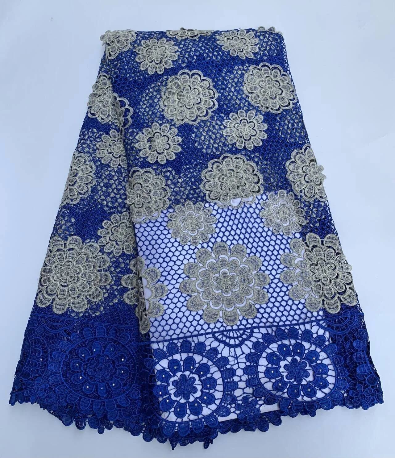 

Nigerian Water Soluble Lace Fabric, 5 Yards Blue Rhinestone Lace for Evening Wear, African High Quality