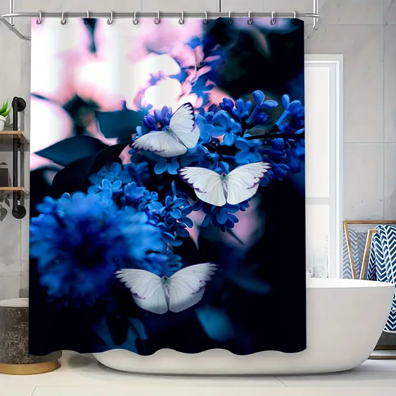 

3D Floral Butterfly Waterproof Bath Shower Curtain Decorative Hanging Fabric Water Repellent Home Bathroom Rug