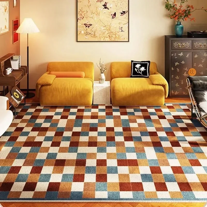 French Plaid Faux Cashmere Floor Carpet Soft Non Slip Footpad for Bathroom Living Room Durable Balcony Decorative Door Mat