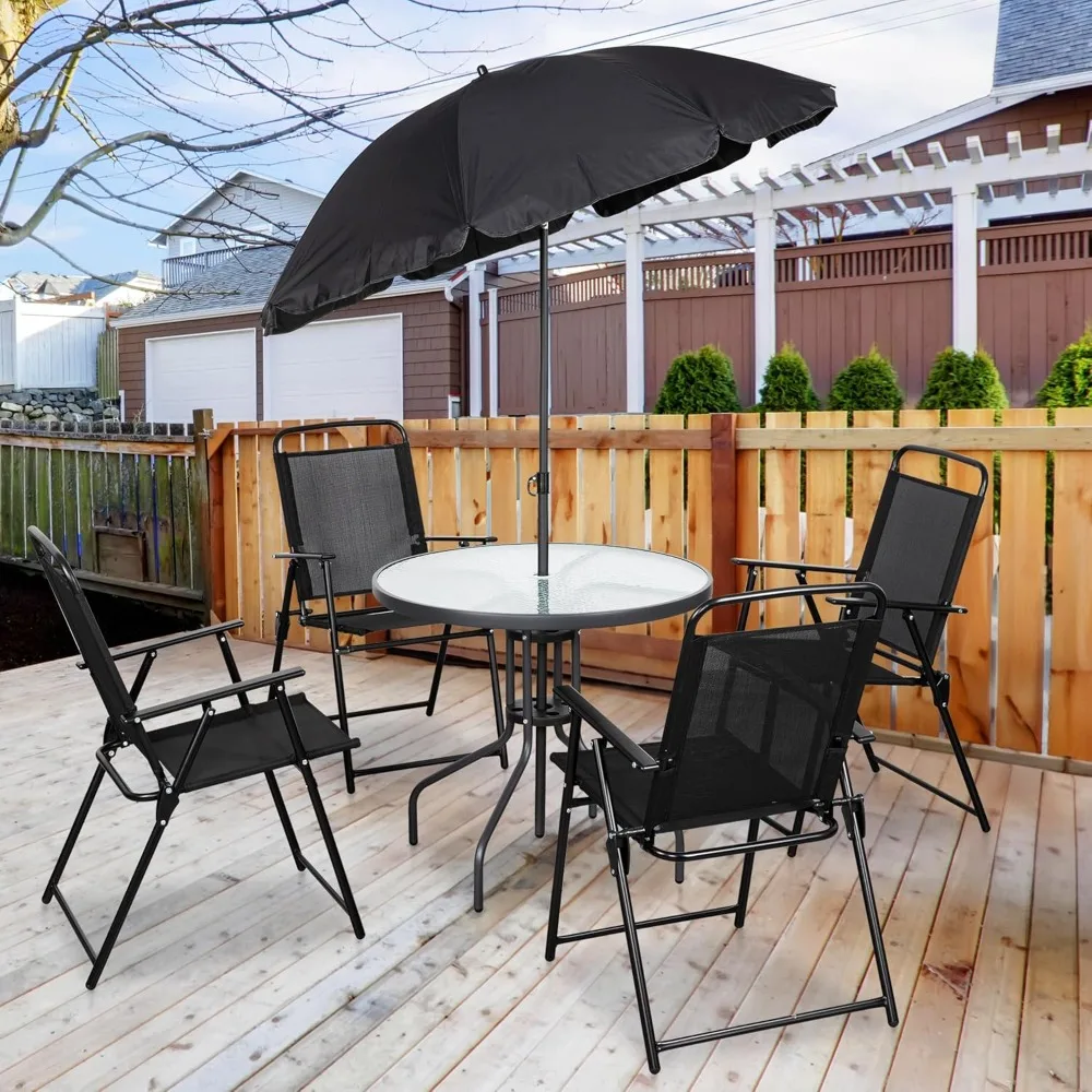 

6 Piece Patio Dining Set with Umbrella, Outdoor Furniture Set with 4 Folding and Tempered Glass Top Dining Table fot Law