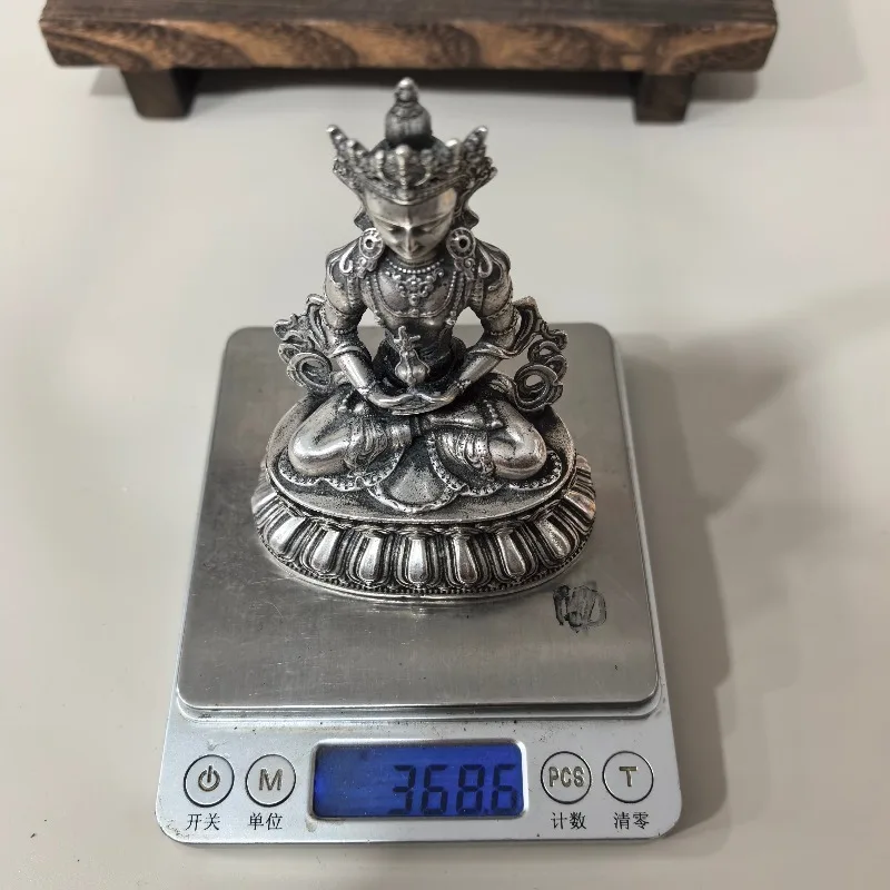 Vintage Alloy Silver‑plated Amitayus Buddha Statue Tibetan Longevity Buddha Figurine Meditation Desktop Home Altar Collectible