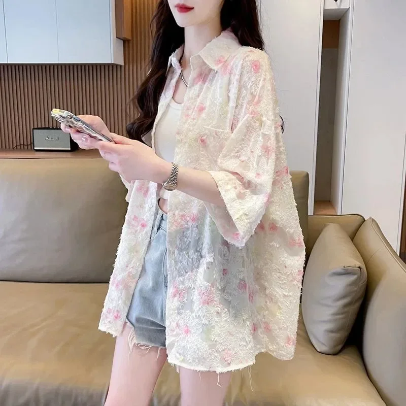 Fashionable Short Sleeve Floral Shirt Women's Loose Sun Protection Outerwear Large Size Casual Tee Polyester Fiber Flip Collar