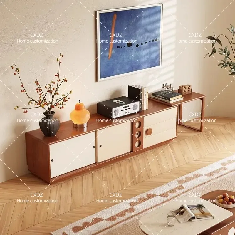 Medieval Style Retractable Solid Wood TV Cabinet Small Apartment Living Room Cream Color Boxwood Floor Storage Console