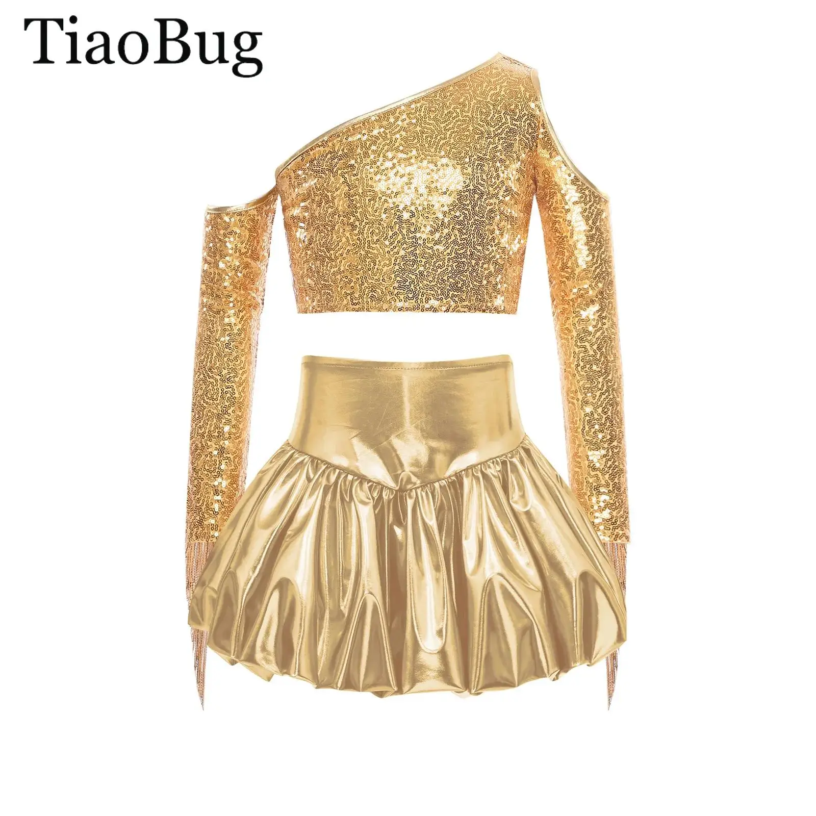 

Kids Girls Ballet Dance Set Shiny 70s Disco Hippie Jazz Dance Costume One Shoulder Sequin Crop Top with Bubble Skirts Stage Show